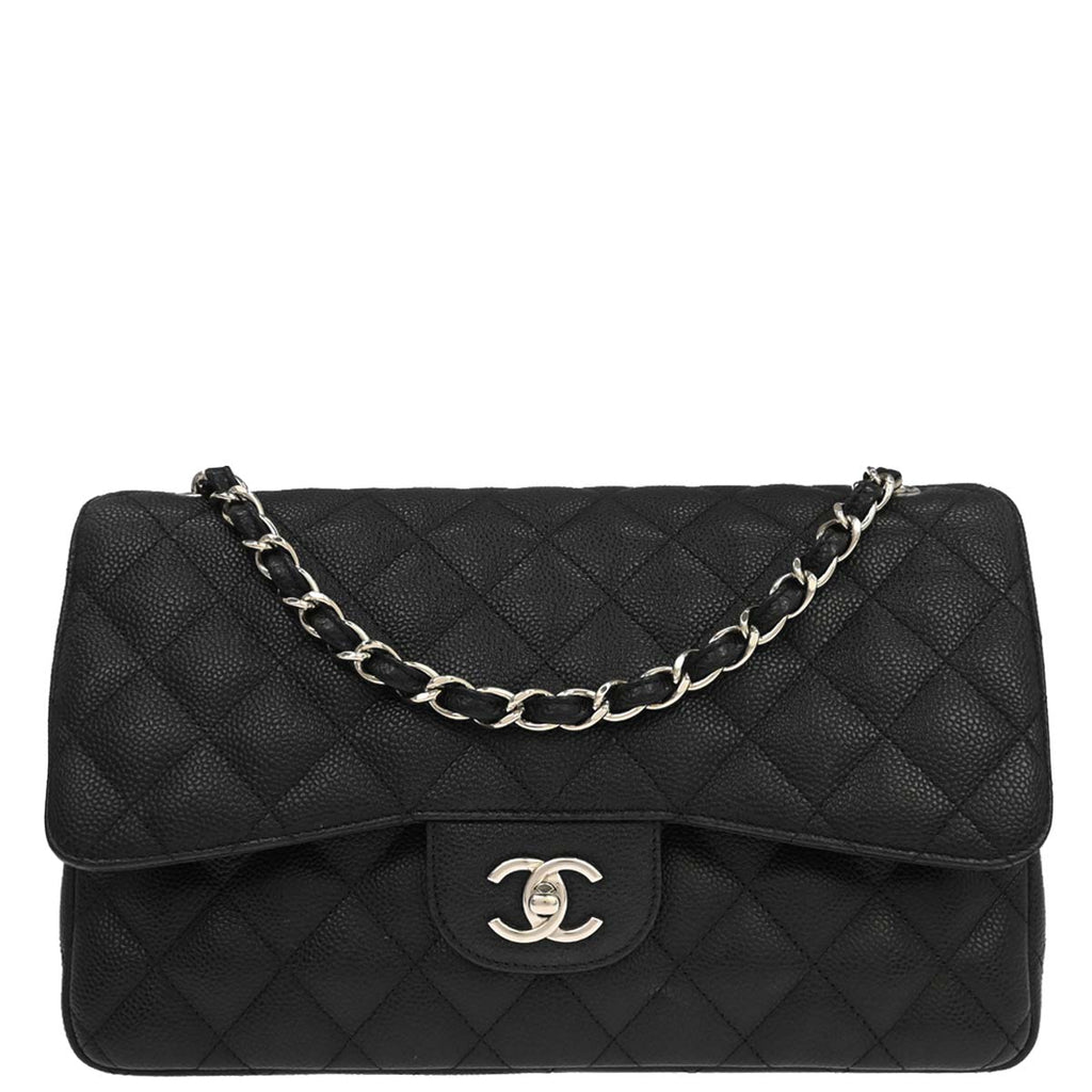 Chanel 2018-2019 Black Caviar Skin Jumbo Classic Double Flap Shoulder Bag
