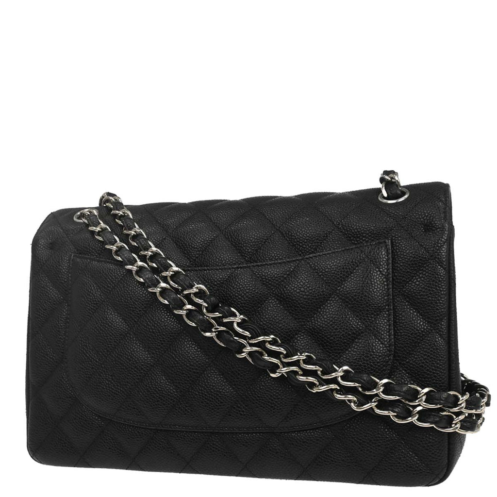 Chanel 2018-2019 Black Caviar Skin Jumbo Classic Double Flap Shoulder Bag