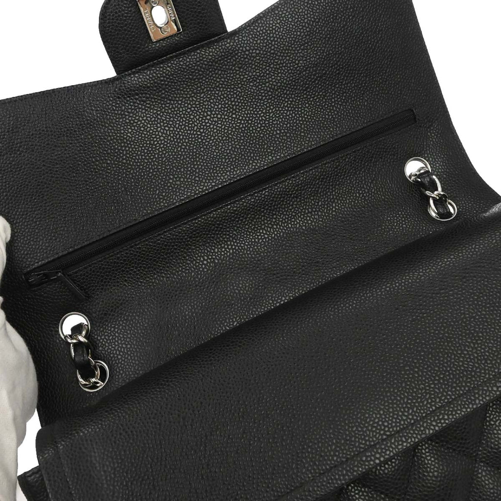 Chanel 2018-2019 Black Caviar Skin Jumbo Classic Double Flap Shoulder Bag