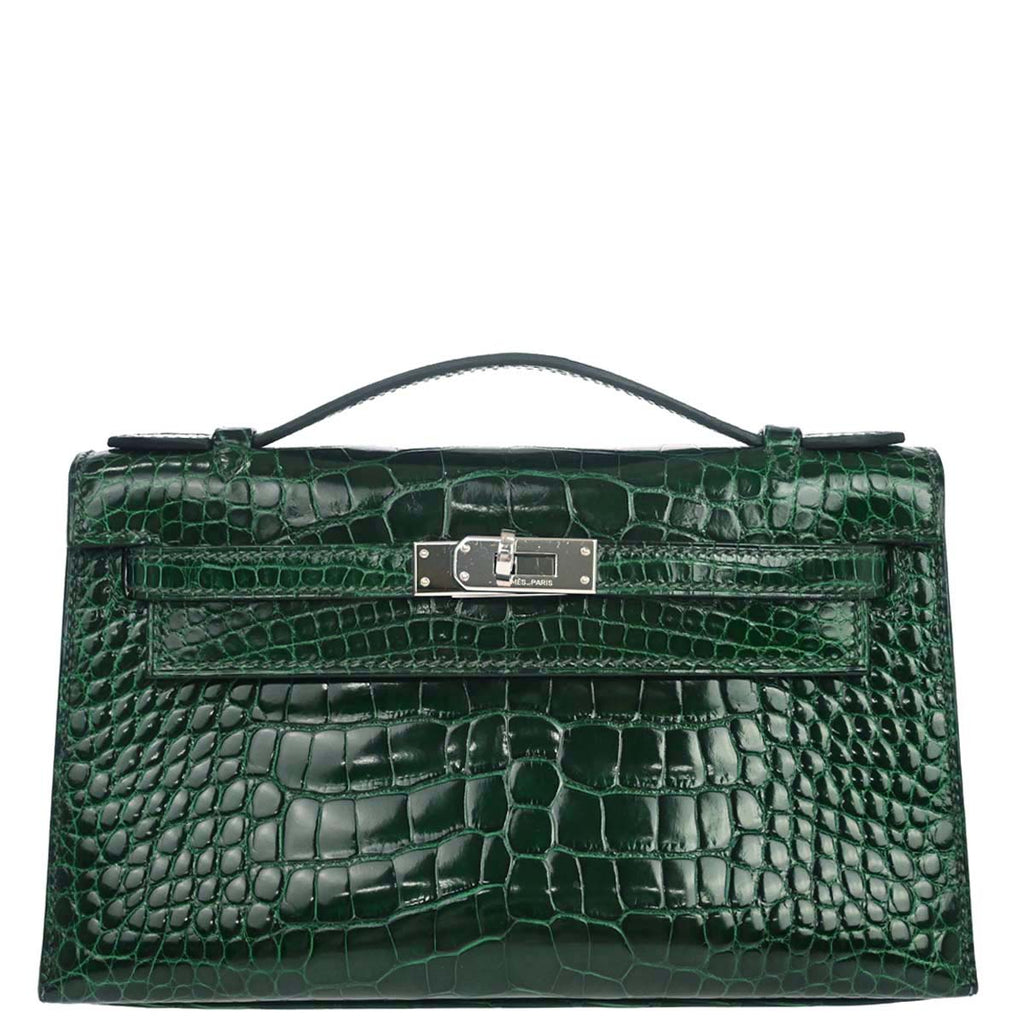 Hermes * Vert Fonce Alligator Kelly Pochette Handbag