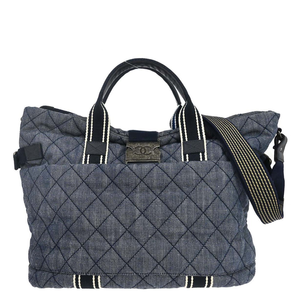 Chanel 2016-2017 Blue Quilted Denim Airlines Buckle 2way Shoulder Tote Handbag
