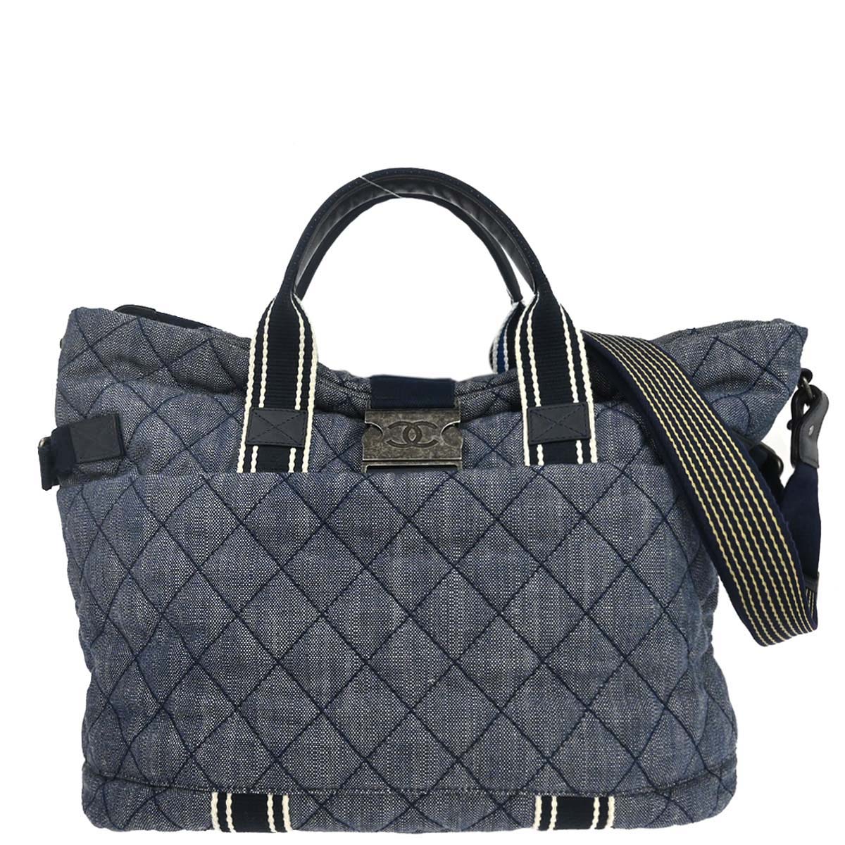 Chanel 2016-2017 Blue Quilted Denim Airlines Buckle 2way Shoulder Tote Handbag