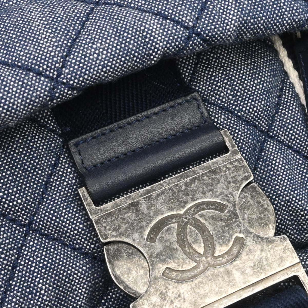 Chanel 2016-2017 Blue Quilted Denim Airlines Buckle 2way Shoulder Tote Handbag