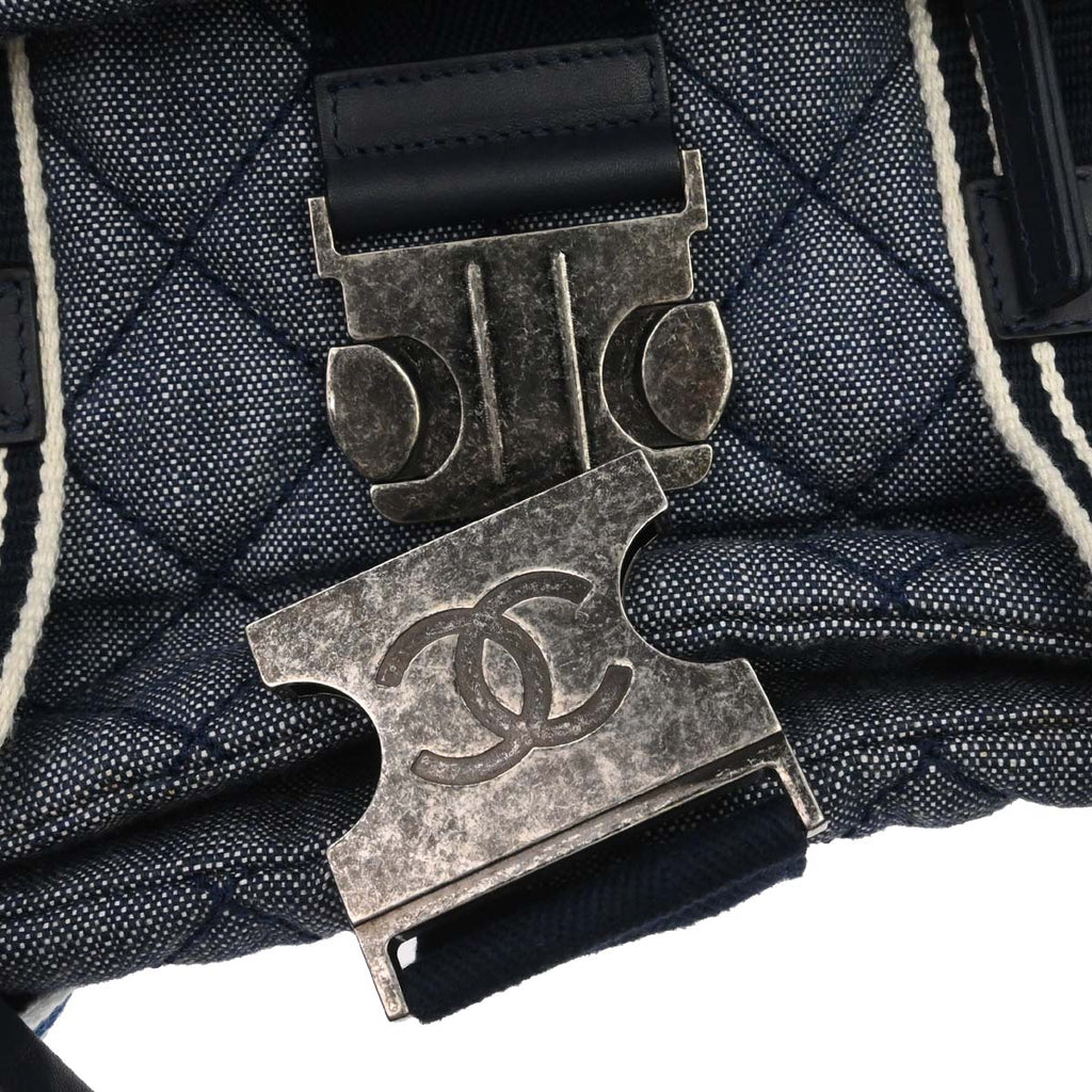 Chanel 2016-2017 Blue Quilted Denim Airlines Buckle 2way Shoulder Tote Handbag