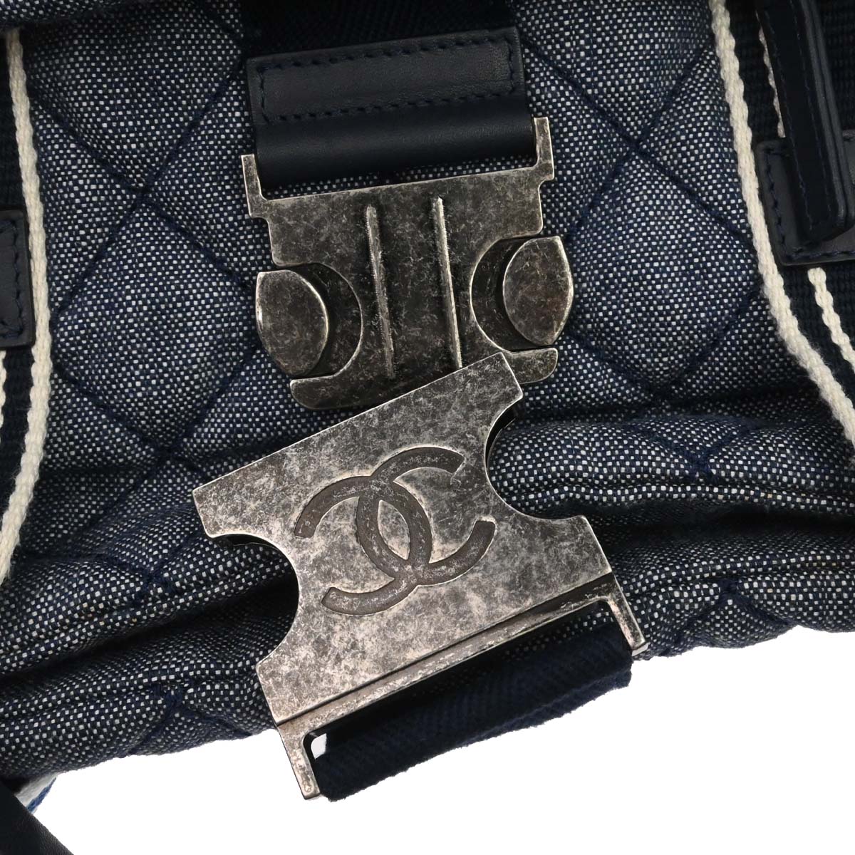 Chanel 2016-2017 Blue Quilted Denim Airlines Buckle 2way Shoulder Tote Handbag