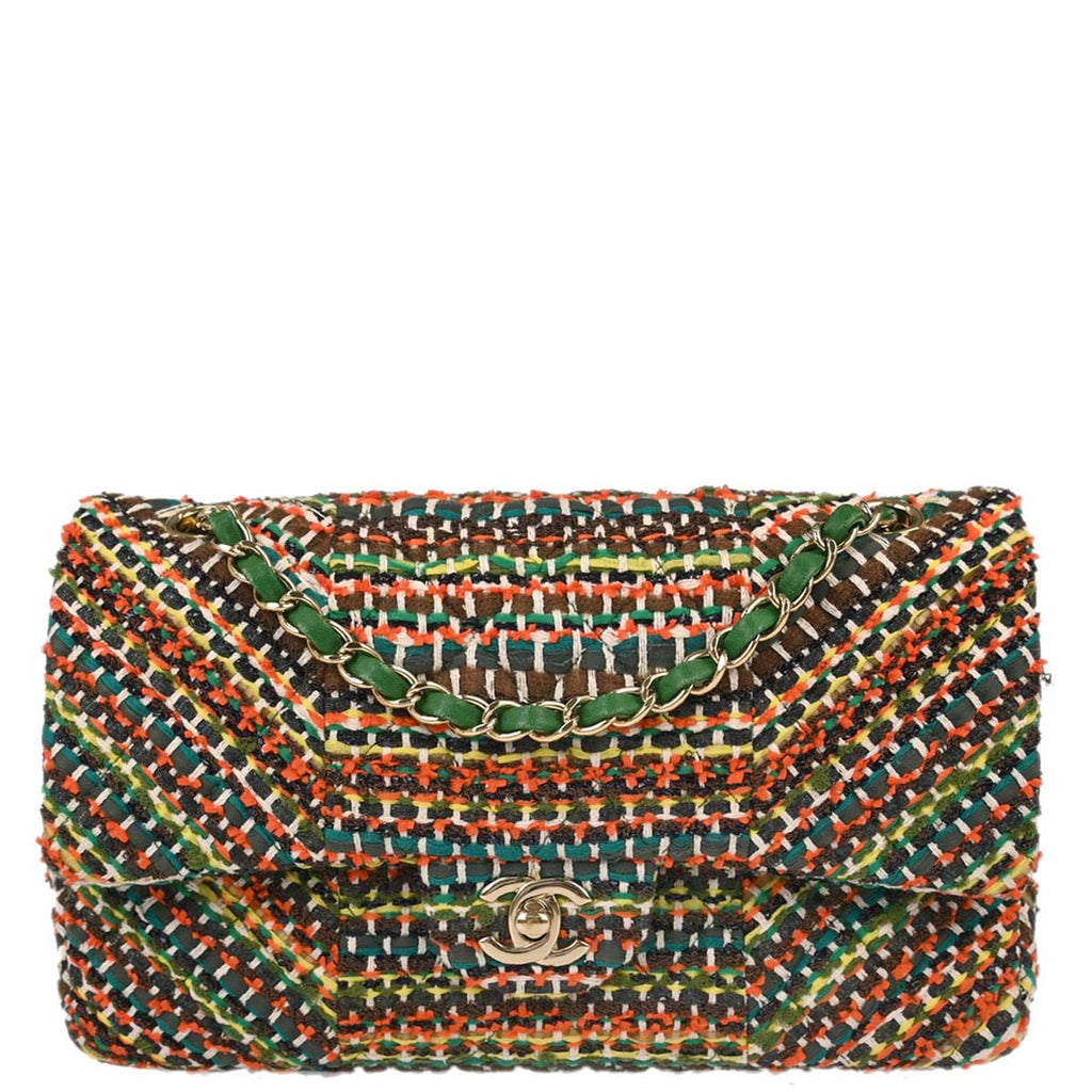Chanel 2015-2016 Green Tweed Medium Classic Double Flap Shoulder Bag