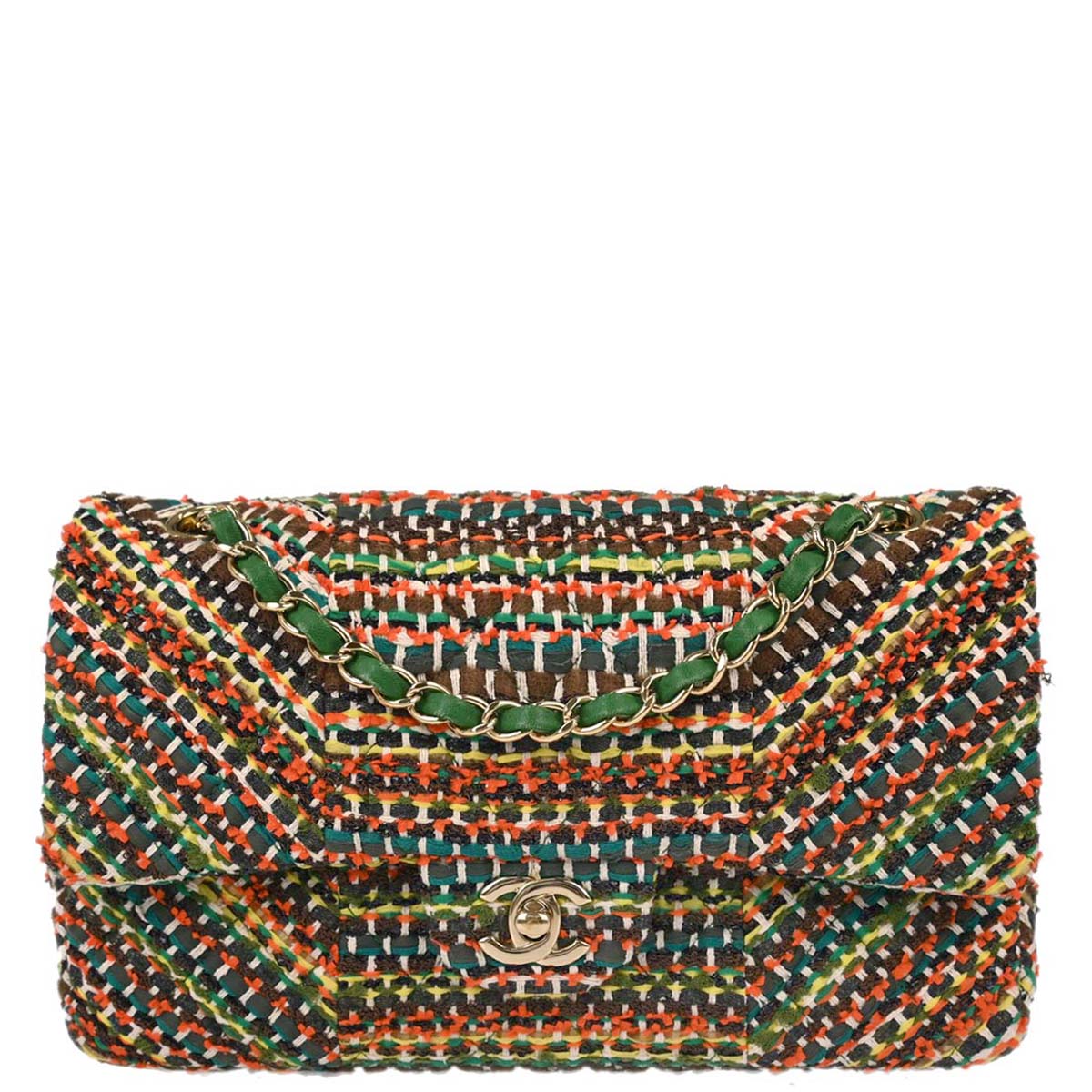 Chanel 2015-2016 Green Tweed Medium Classic Double Flap Shoulder Bag