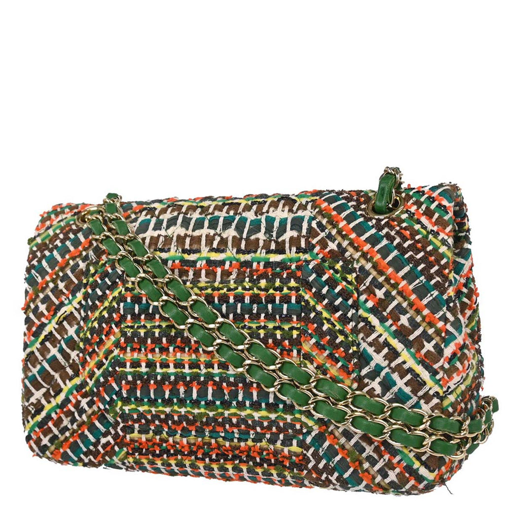 Chanel 2015-2016 Green Tweed Medium Classic Double Flap Shoulder Bag