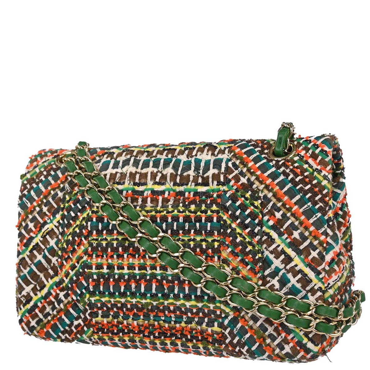 Chanel 2015-2016 Green Tweed Medium Classic Double Flap Shoulder Bag