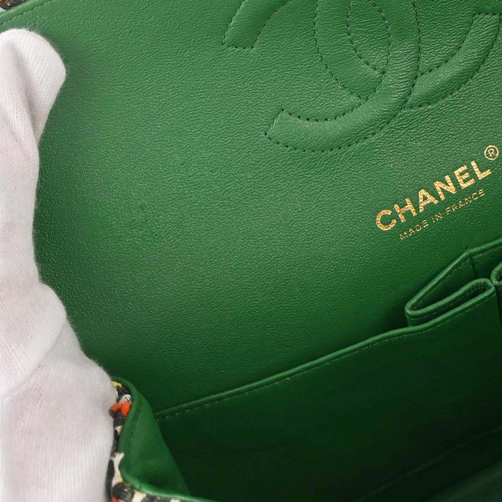 Chanel 2015-2016 Green Tweed Medium Classic Double Flap Shoulder Bag