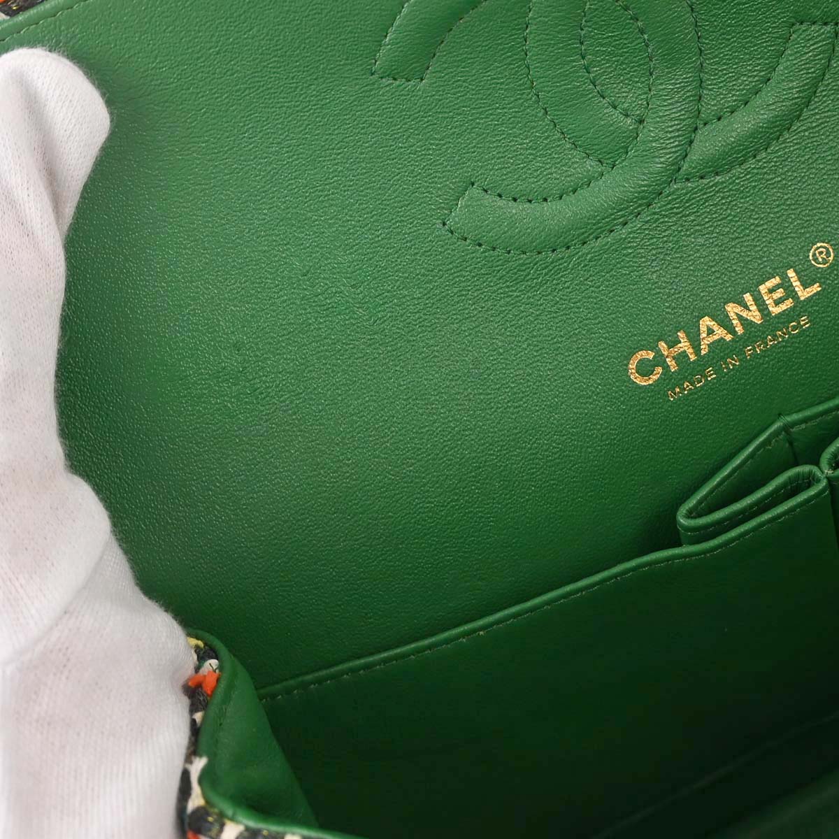 Chanel 2015-2016 Green Tweed Medium Classic Double Flap Shoulder Bag