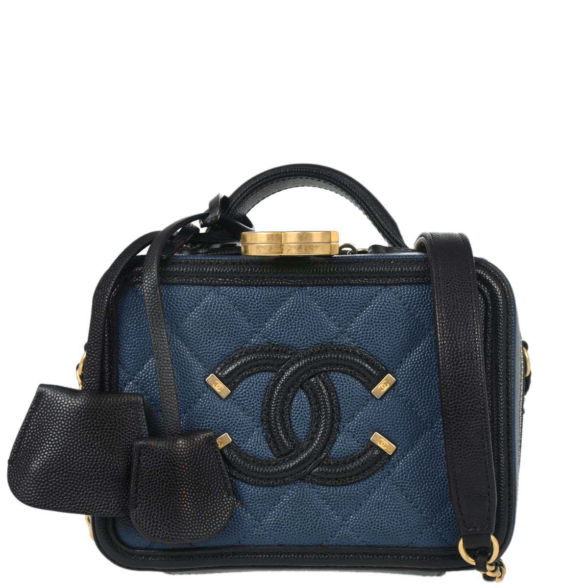 Chanel 2019 Navy Black Caviar Skin Bicolor Filigree 2way Shoulder Vanity Handbag