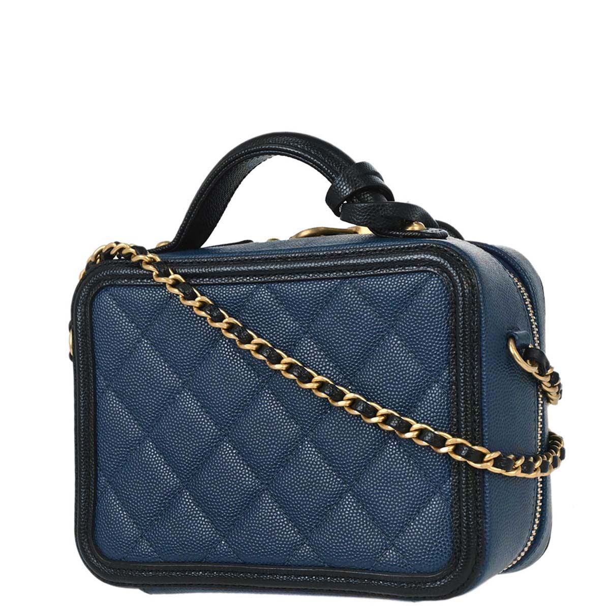 Chanel 2019 Navy Black Caviar Skin Bicolor Filigree 2way Shoulder Vanity Handbag