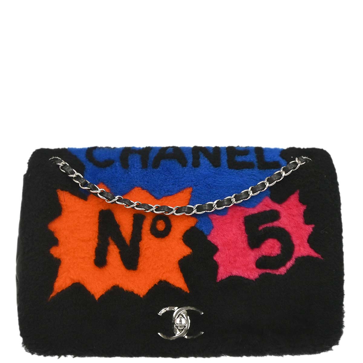 Chanel 2014-2015 Black Wool No.5 Turnlock Full Flap Shoulder Bag