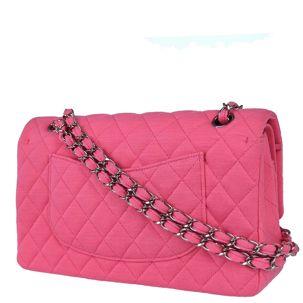 Chanel 2014 Pink Cotton Medium Classic Double Flap Shoulder Bag