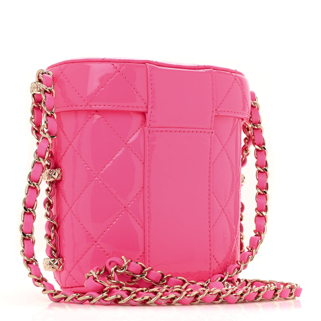 Chanel Patent Quilted CC Vani-Tea Case With Chain Neon Pink