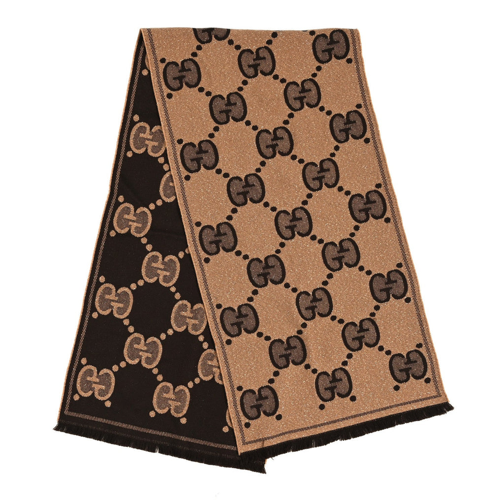 Gucci Wool Lame Jacquard Monogram Jumbo GG Lady Nest Lux Scarf Beige Dark Brown