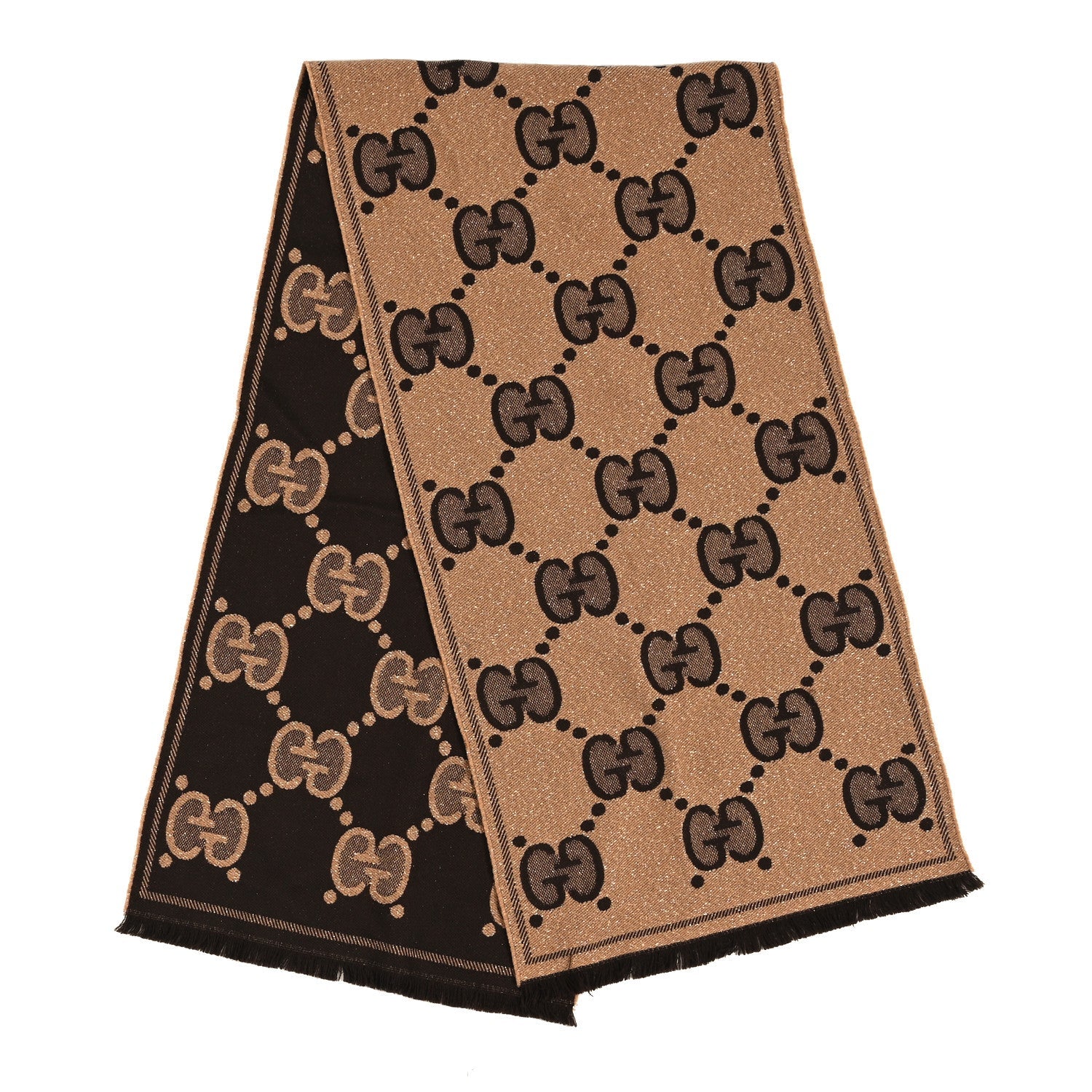 Gucci Wool Lame Jacquard Monogram Jumbo GG Lady Nest Lux Scarf Beige Dark Brown