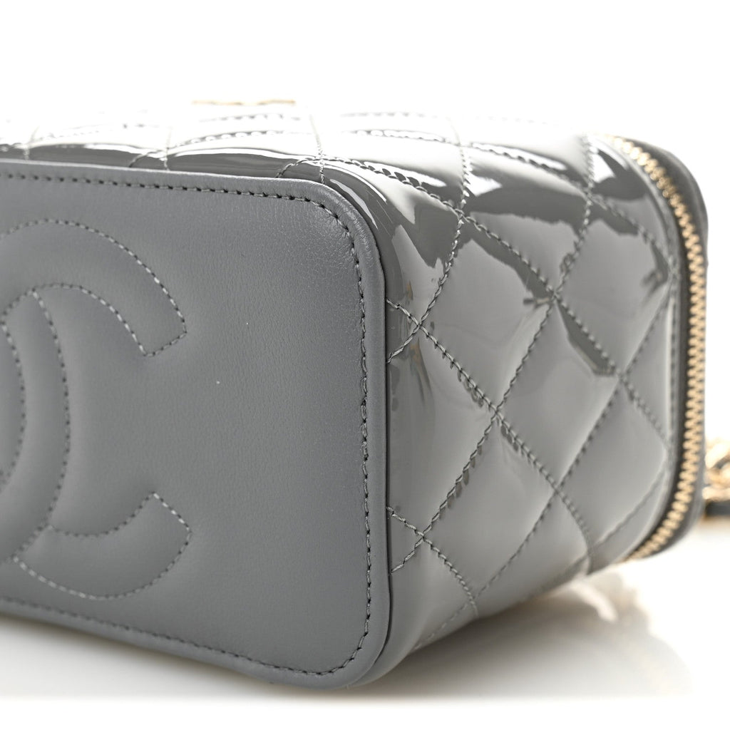 Chanel Patent Quilted Quilted Small Top Handle Vanity Case With Chain Grey