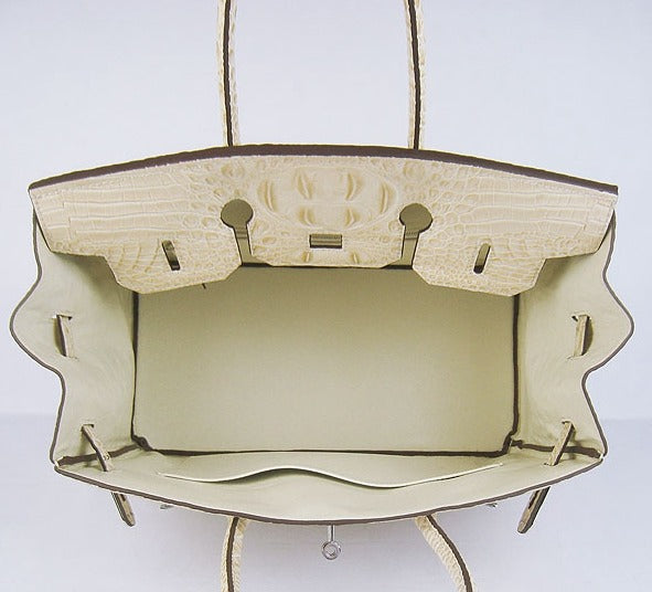 Hermes Birkin 35cm Crocodile Head Veins Handbags Beige Silver
