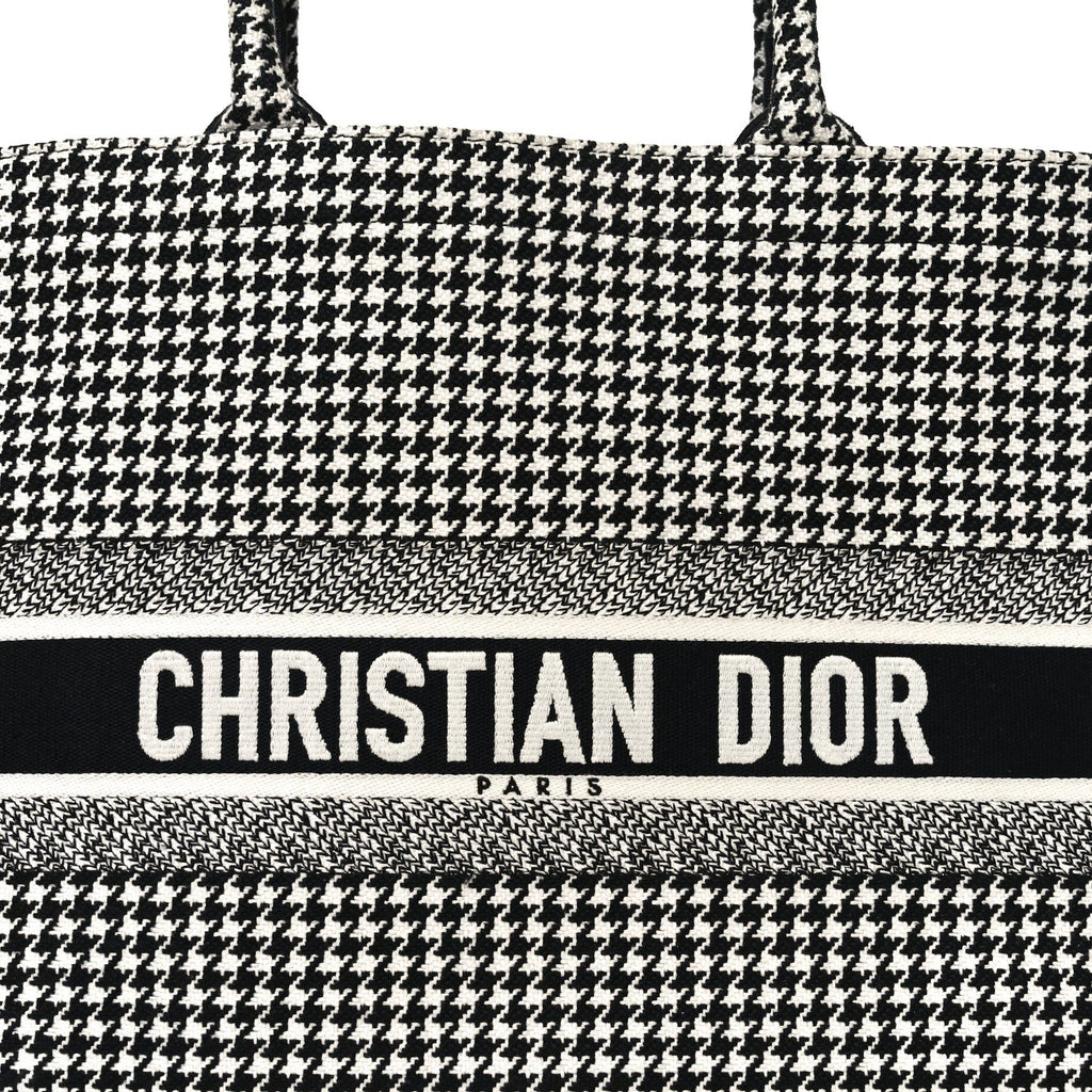 Christian Dior Canvas Houndstooth Embroidered Book Tote Black White