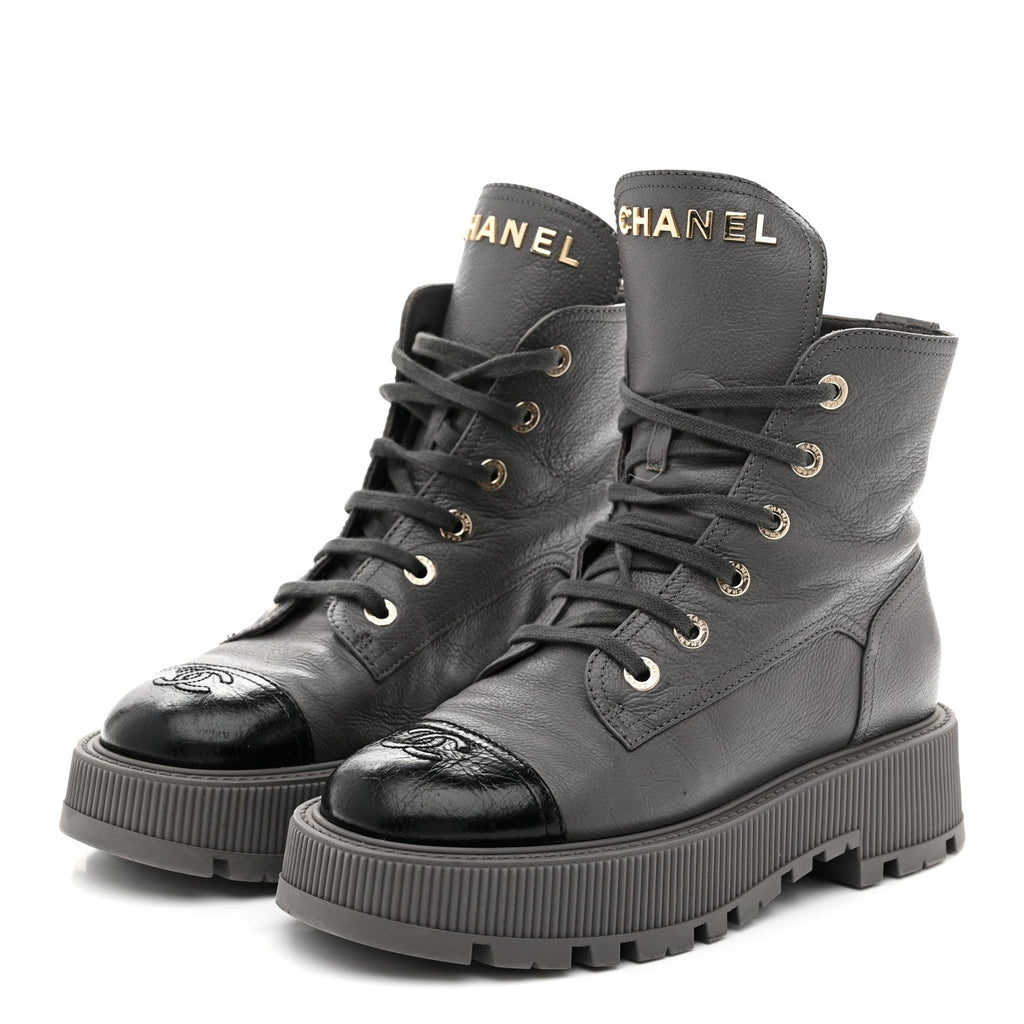 Calfskin CC Lace Up Combat Boots 39 Gray