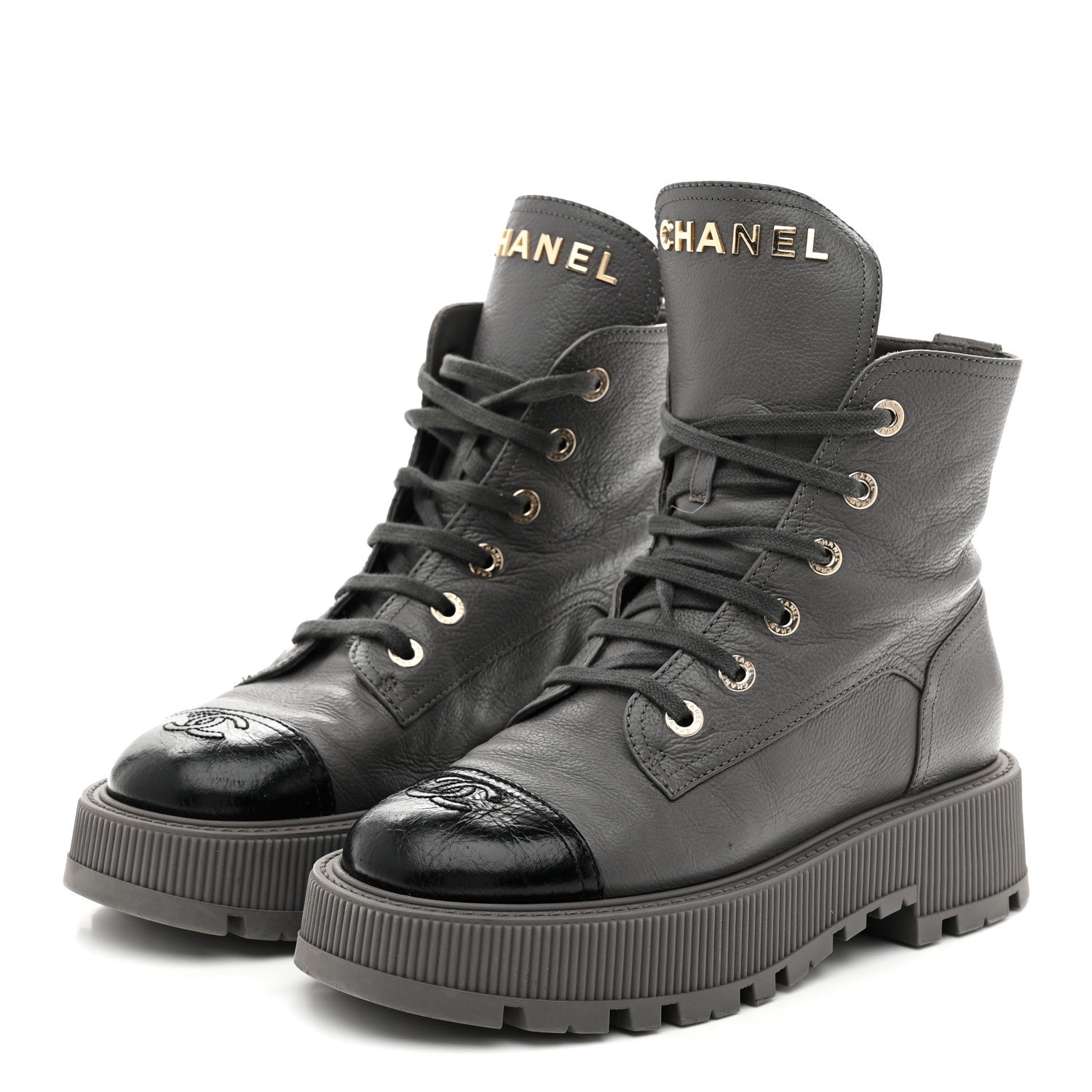 Calfskin CC Lace Up Combat Boots 39 Gray