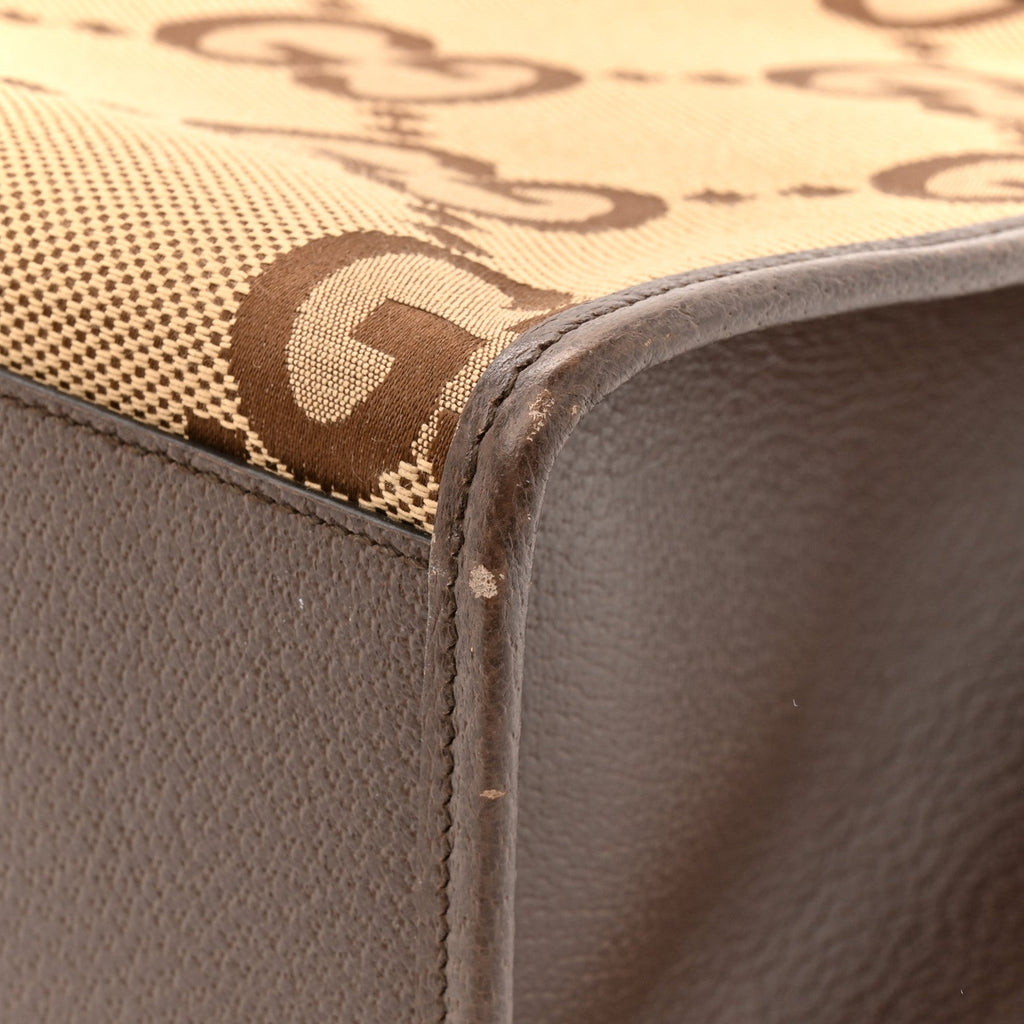 Gucci Monogram Jumbo GG Textured Dollar Calfskin Web Tote Bag Camel Ebony New Acero