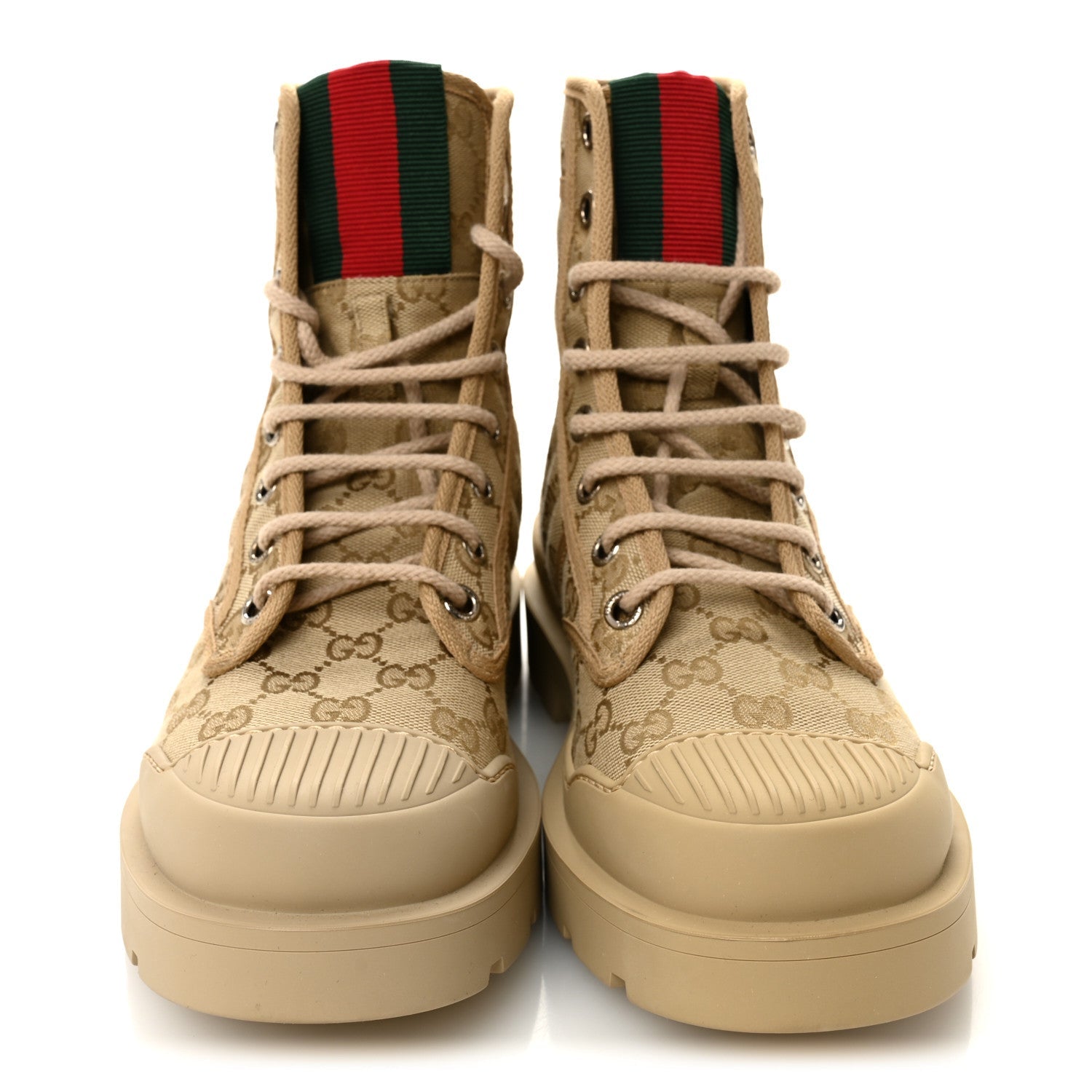 Gucci GG Monogram Web Mens Lug Sole Ankle Boots 8.5 New Sand