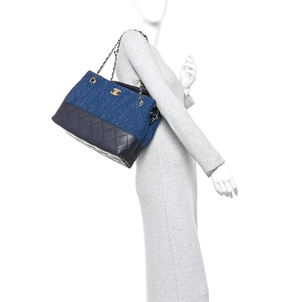 Chanel Tweed Shiny Lambskin Quilted Coco Base Small Shopping Bag Dark Blue