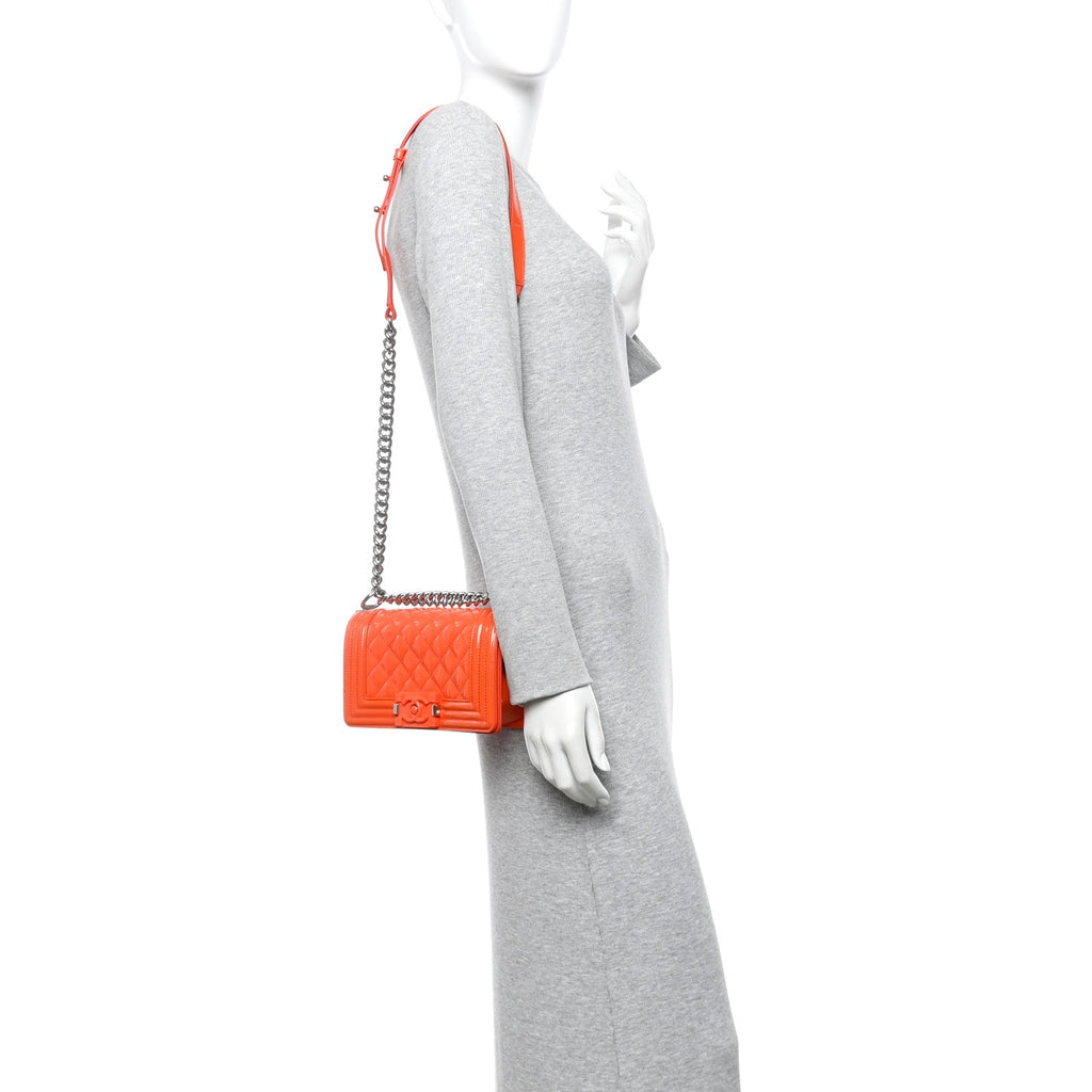 Chanel Patent Calfskin Quilted Small Plexiglass Boy Flap Orange