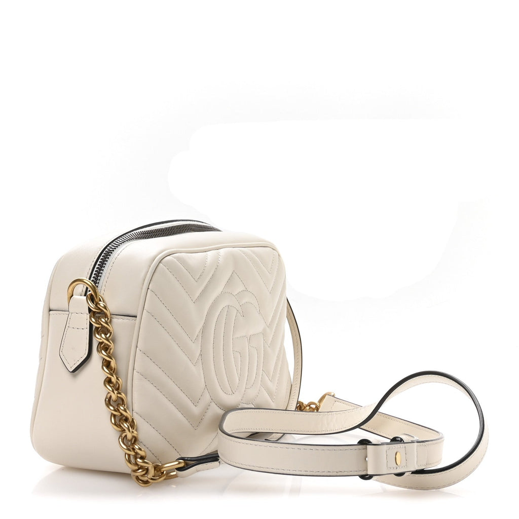 Gucci Calfskin Matelasse Small GG Marmont Chain Shoulder Bag White