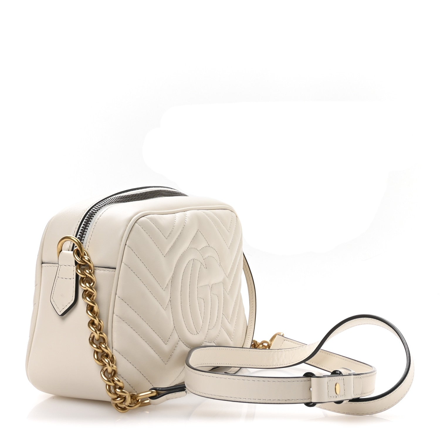 Gucci Calfskin Matelasse Small GG Marmont Chain Shoulder Bag White
