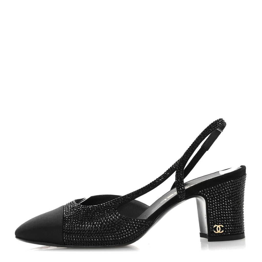 Chanel Strass Grosgrain Cap Toe CC Slingback Pumps 39 Black