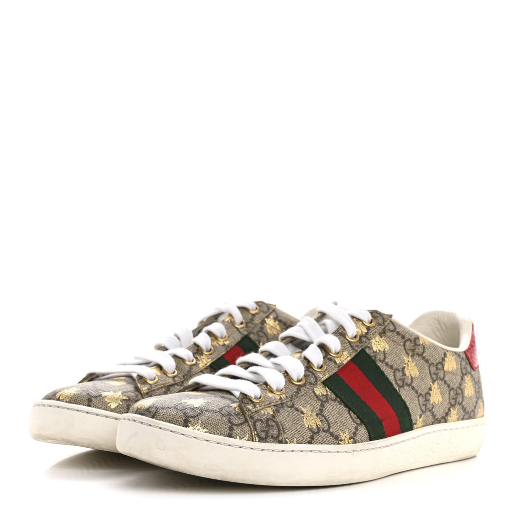 Gucci GG Supreme Monogram Bees Ayers Web Womens Ace Sneakers 37.5 Beige Oro Green Red