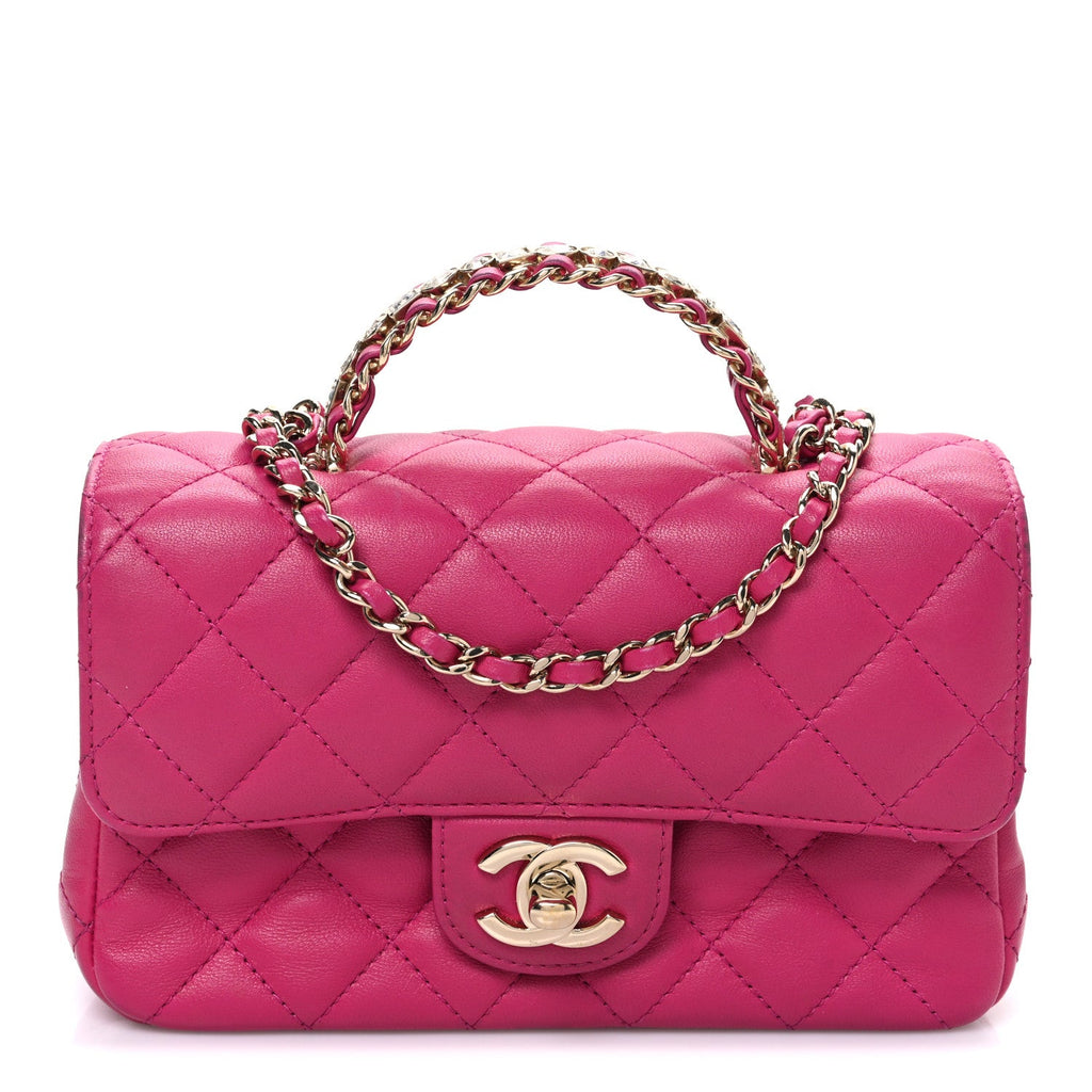 Chanel Lambskin Quilted Mini Crystal Top Handle Rectangular Flap Dark Pink