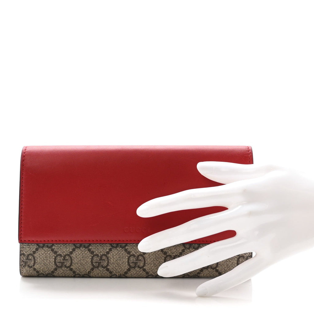 Gucci GG Supreme Monogram Calfskin Continental Wallet Beige Ebony Hibiscus Red New Rosette