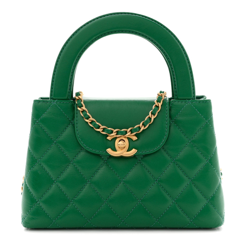 Chanel Shiny Aged Calfskin Quilted Nano Kelly Shopper Green