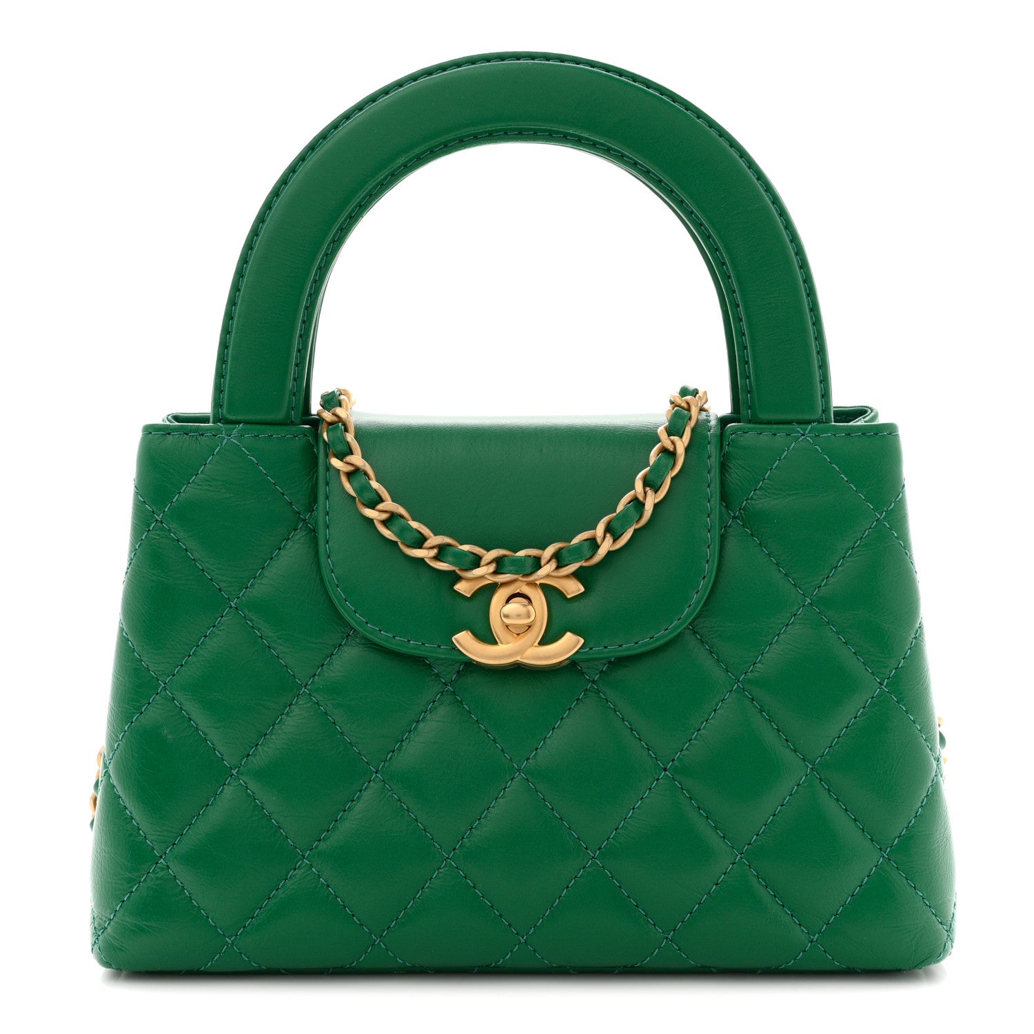 Chanel Shiny Aged Calfskin Quilted Nano Kelly Shopper Green