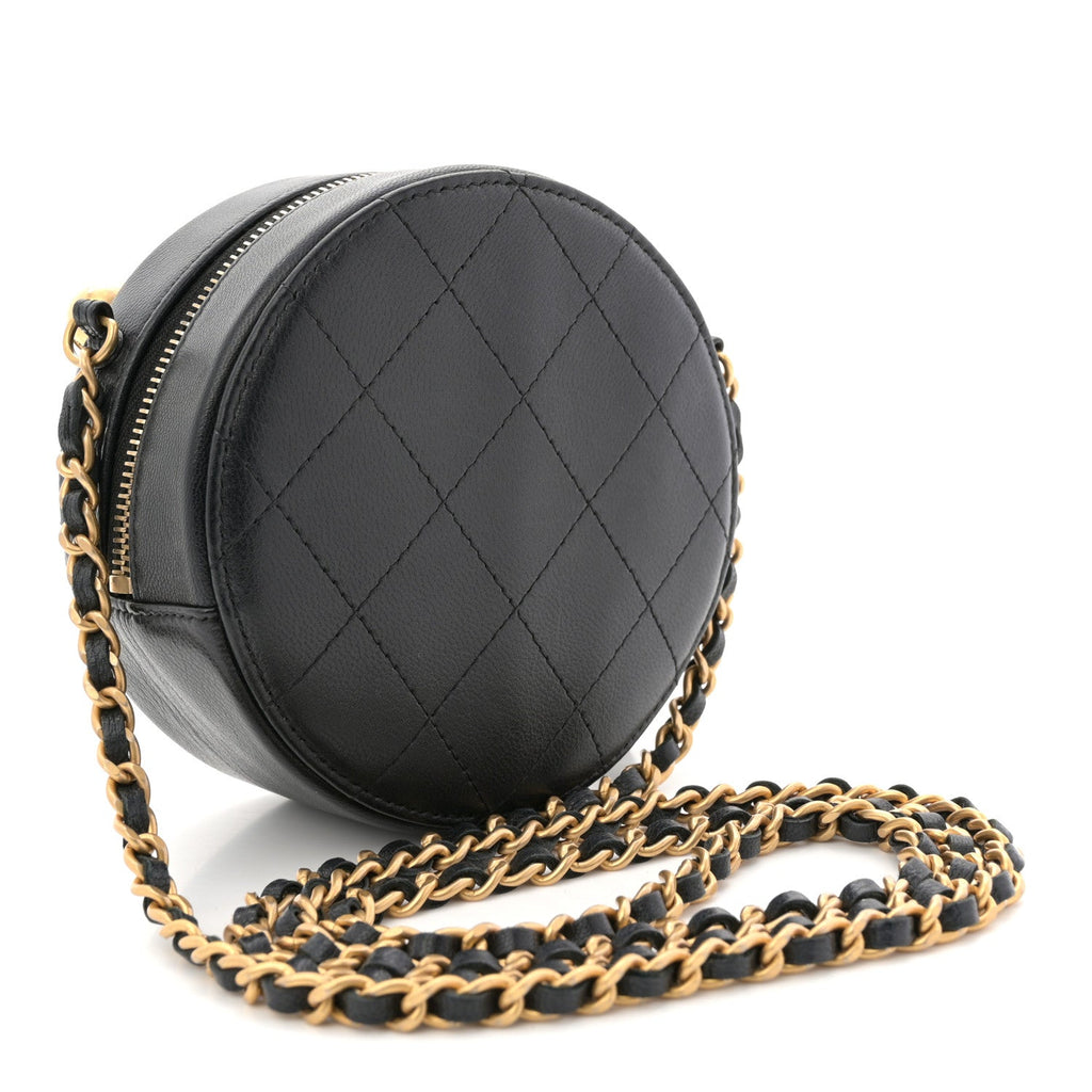 Chanel Goatskin Quilted Chic Pearls Chain Round Clutch With Chain Black