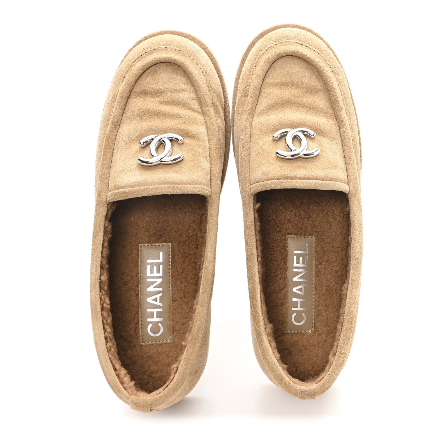 Chanel Suede Calfskin CC Loafers 37.5 Dark Beige
