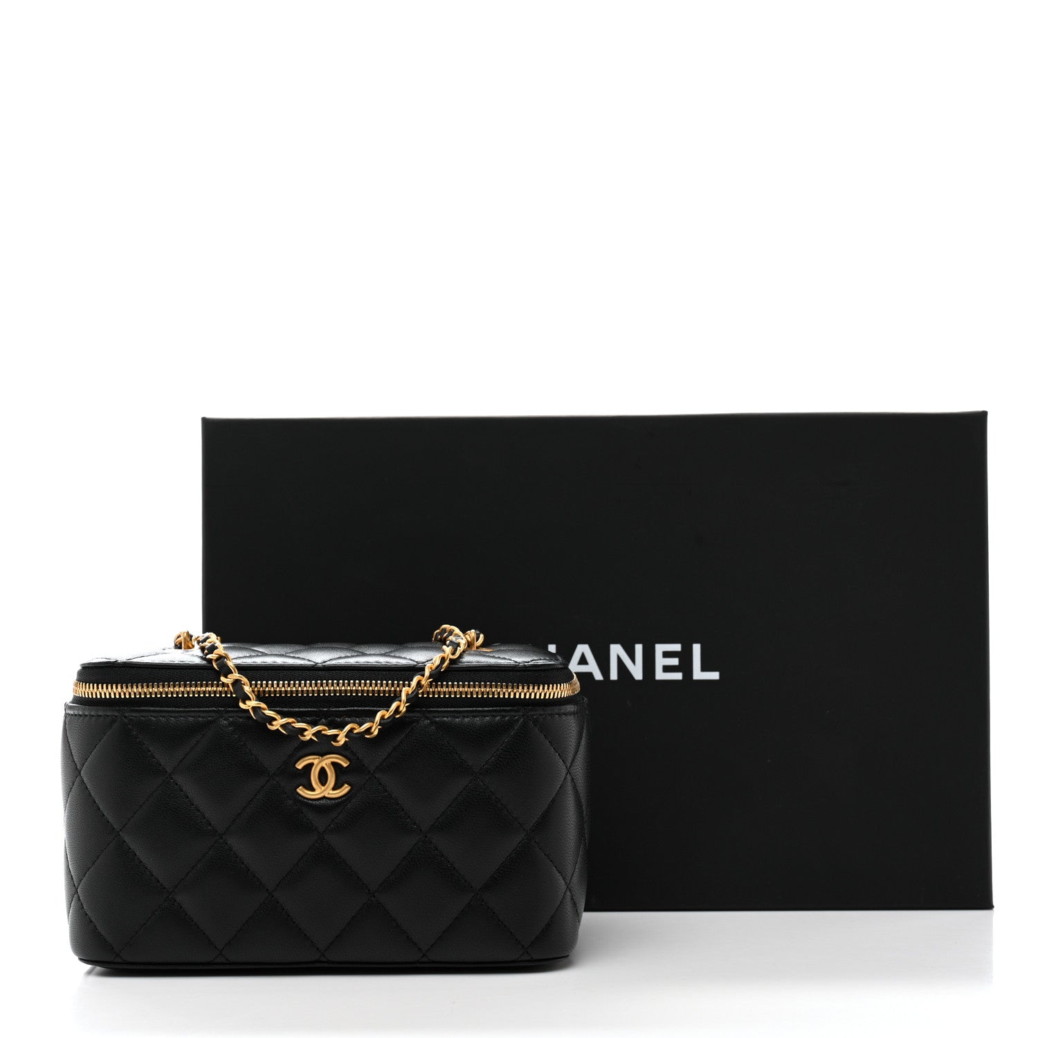 Chanel Lambskin Enamel Quilted Small Coco Hearts Vanity Case With Chain Black