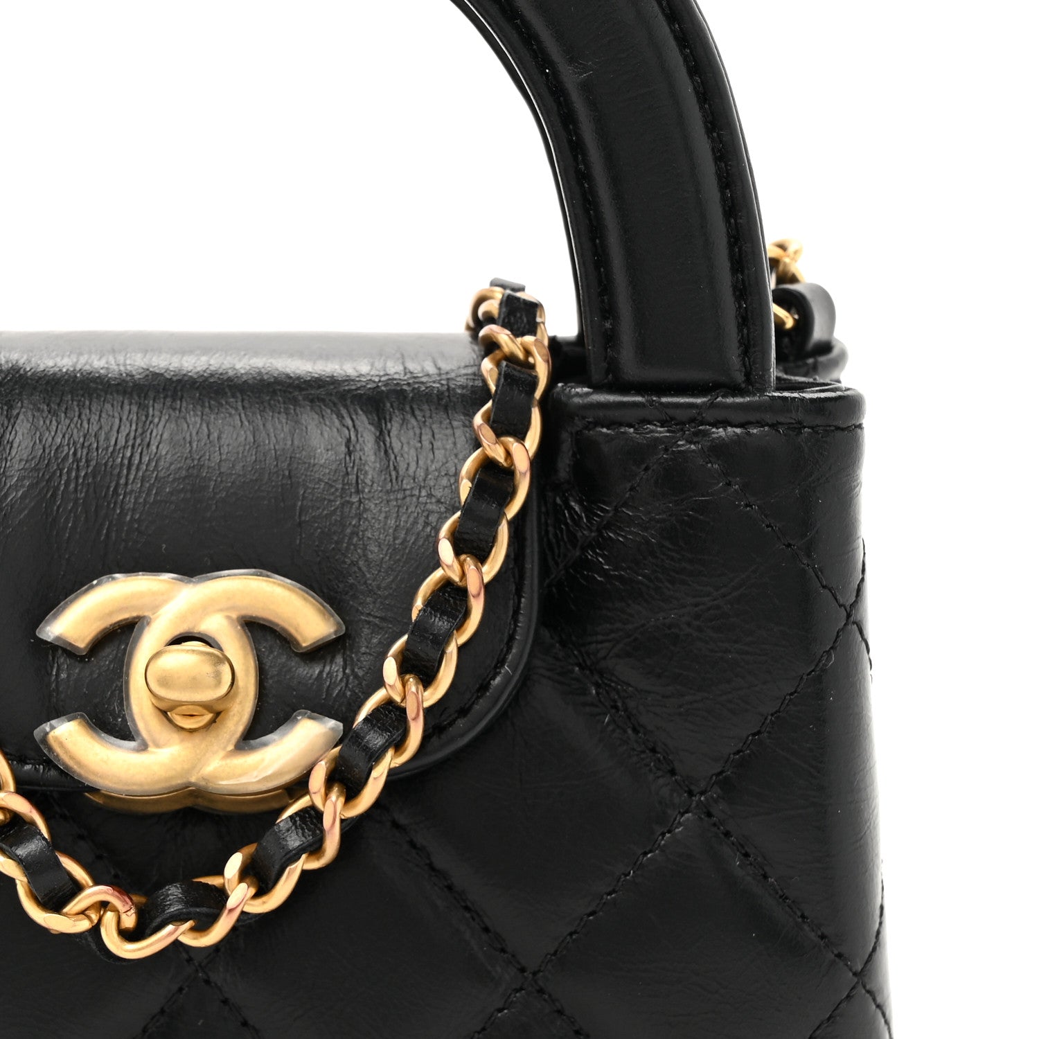 Chanel Shiny Aged Calfskin Quilted Mini Nano Kelly Shopper Black