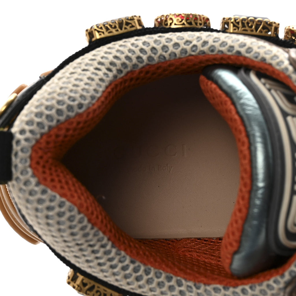 Gucci X SEGA Metallic Calfskin Mesh Removable Crystals Womens Flashtrek Sneakers 36 Rame Mystic White Lago