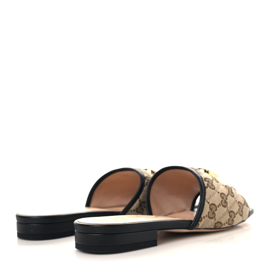 Gucci Monogram Matelasse Diagonal GG Marmont Flat Slide Sandals 37.5 Beige Ebony Black