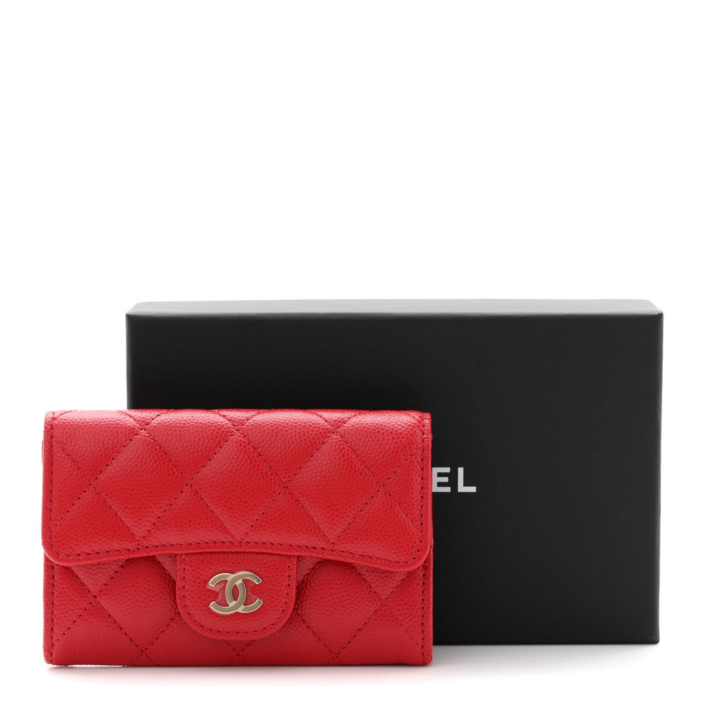 Caviar Quilted Flap Card Holder Wallet Red