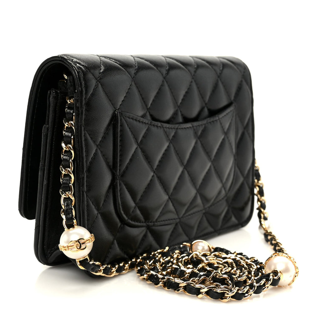 Chanel Shiny Lambskin Quilted CC Pearl Wallet on Chain WOC Black