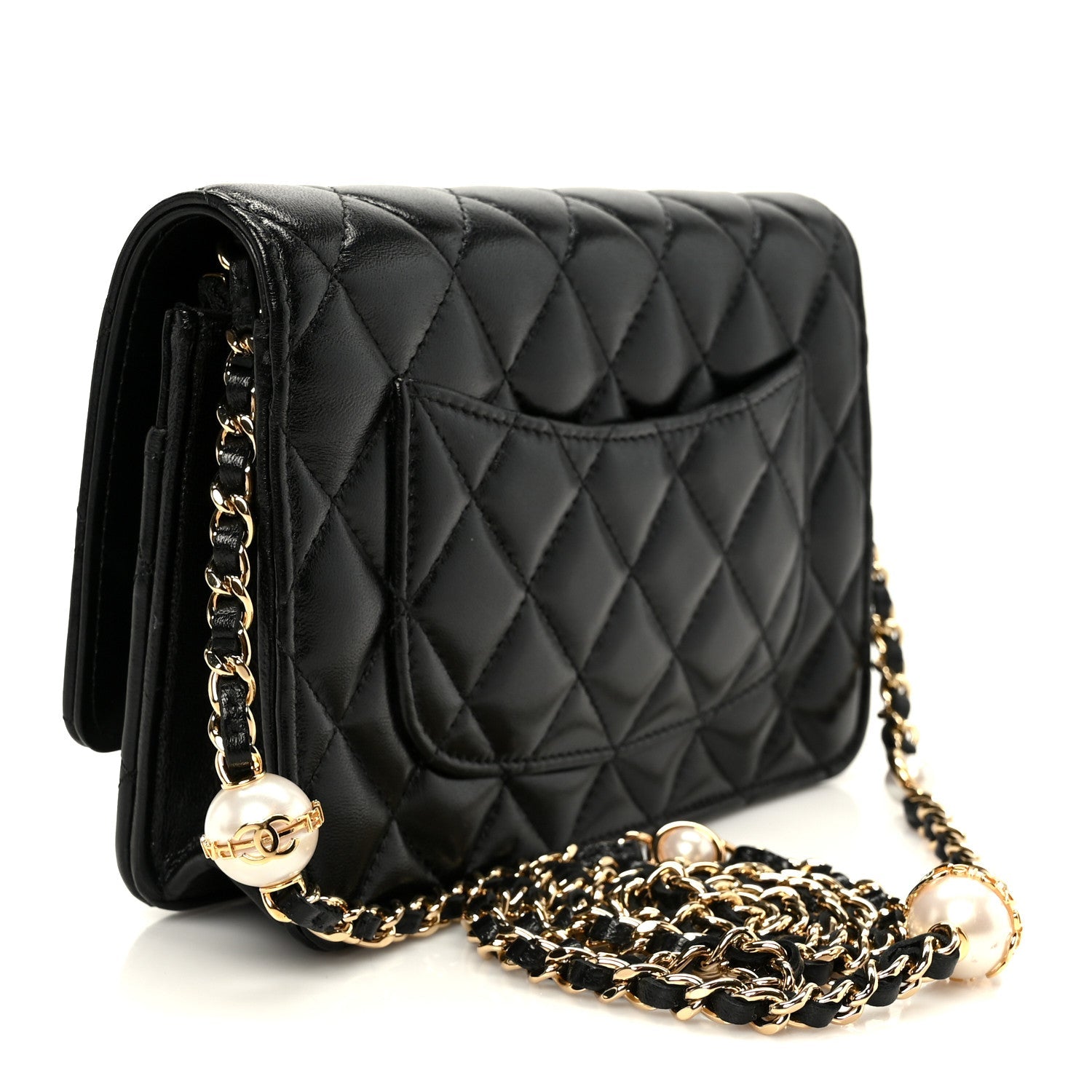 Chanel Shiny Lambskin Quilted CC Pearl Wallet on Chain WOC Black