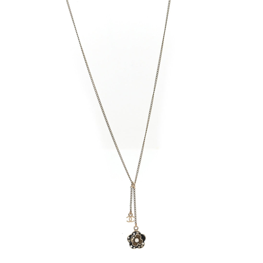 Enamel Crystal Pearl CC Camellia Drop Necklace Gold Black