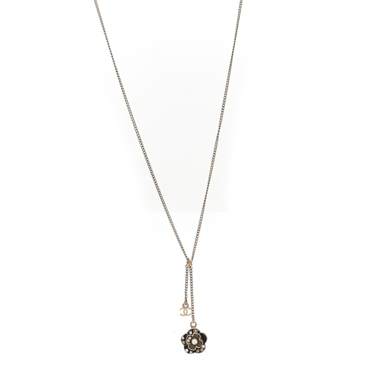 Enamel Crystal Pearl CC Camellia Drop Necklace Gold Black